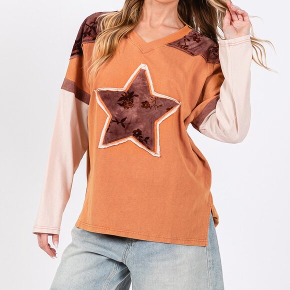 Star Patch Long Sleeve Color Block T-Shirt - Picture 6 of 7